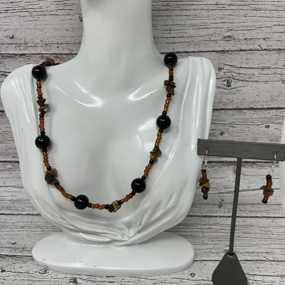 Handcrafted Necklace Earrings Brown Glass Beads and Tiger Eye Chips
